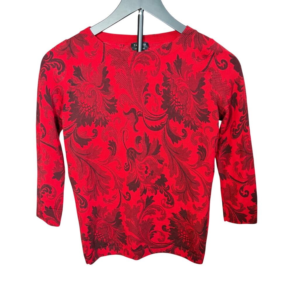 Talbots womens red sweater black floral pattern. 3/4 sleeve crew neck. Size XS